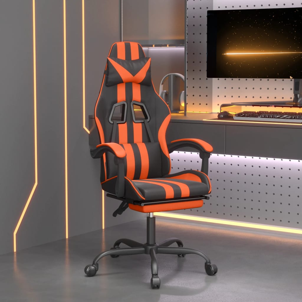 gamingstol med fodstøtte kunstlæder sort og orange