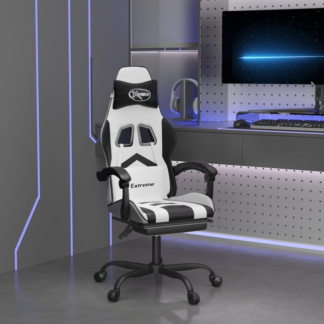 gamingstol med fodstøtte kunstlæder hvid og sort