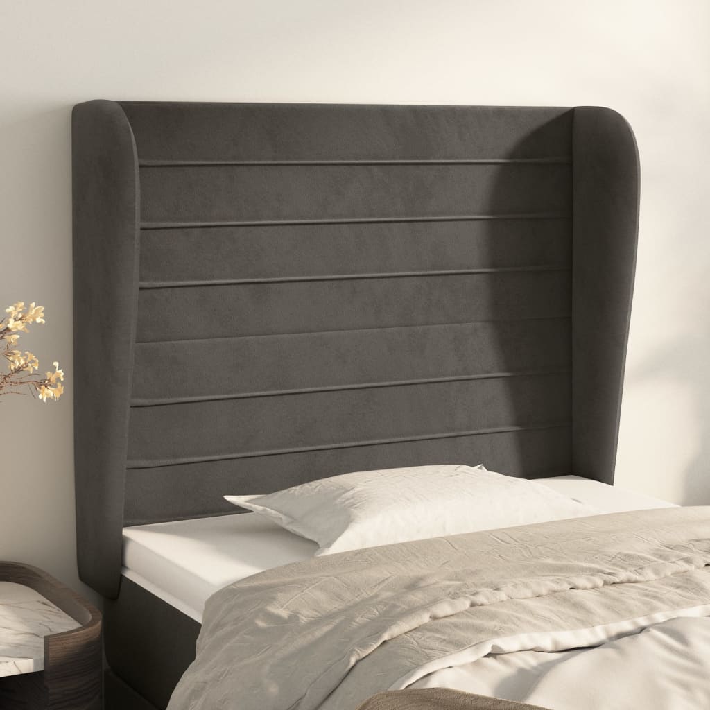 sengegavl med kanter 93x23x118/128 cm fløjl mørkegrå