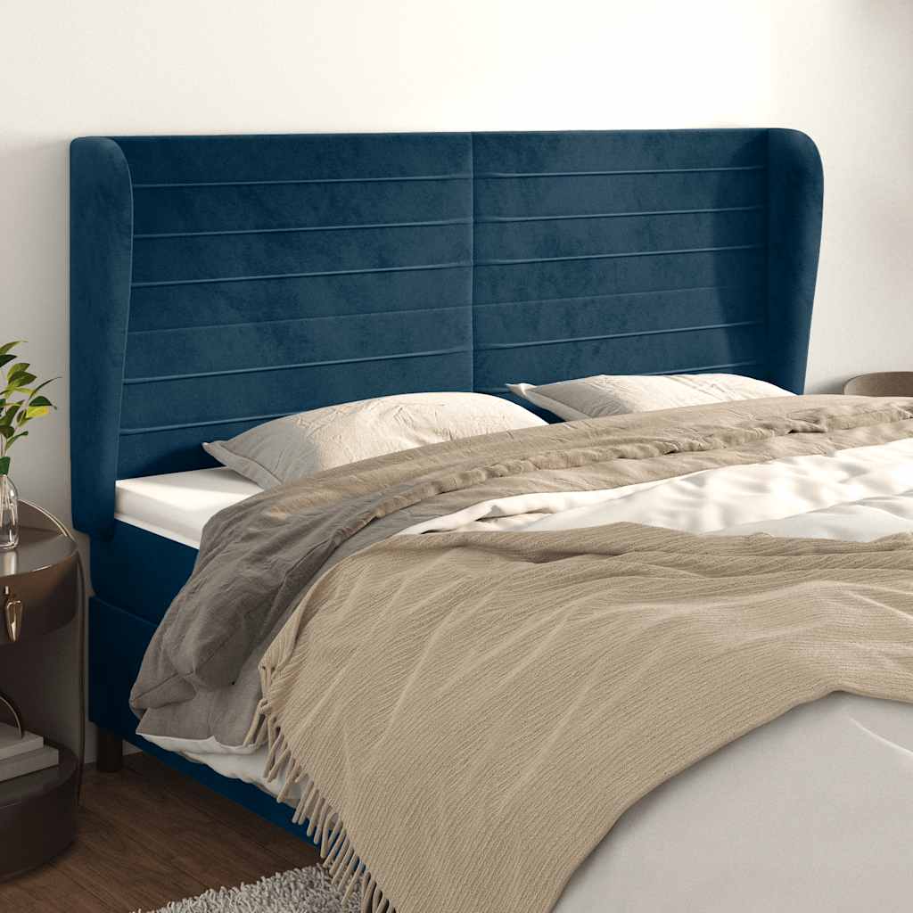 sengegavl med kanter 183x23x118/128 cm fløjl mørkeblå