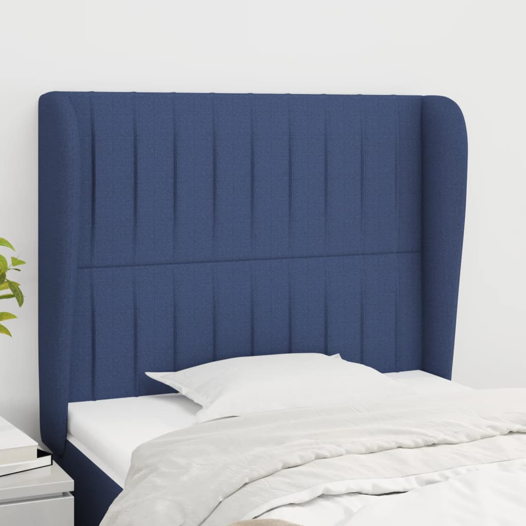 sengegavl med kanter 103x23x118/128 cm stof blå