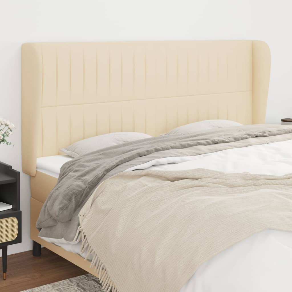 sengegavl med kanter 163x23x118/128 cm stof cremefarvet