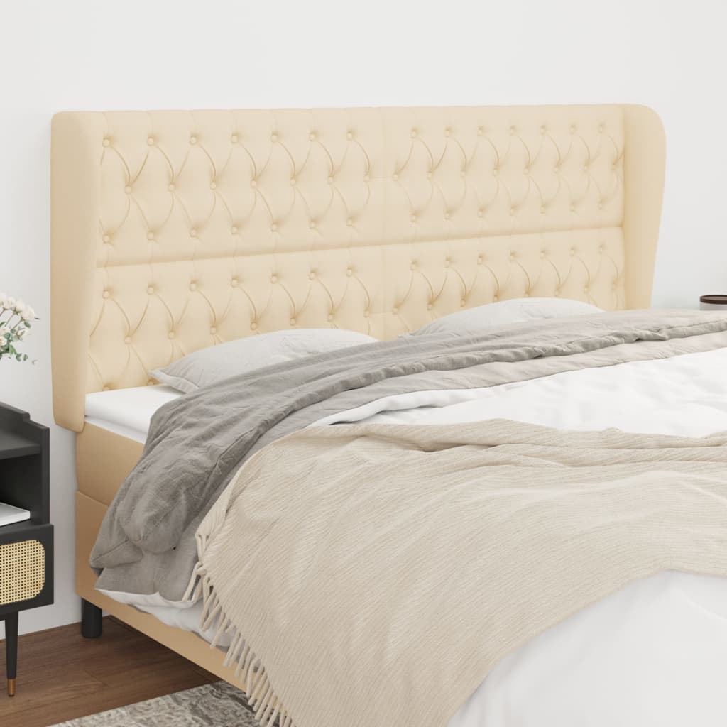 sengegavl med kanter 203x23x118/128 cm stof cremefarvet