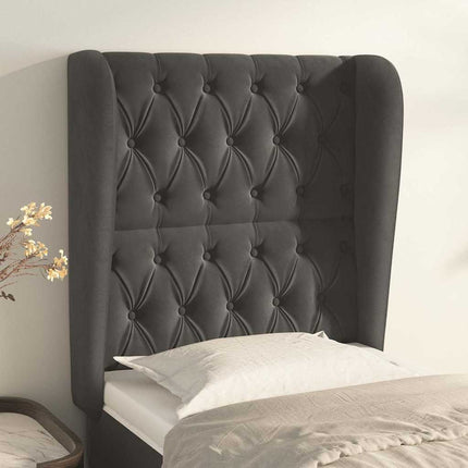 sengegavl med kanter 83x23x118/128 cm fløjl mørkegrå