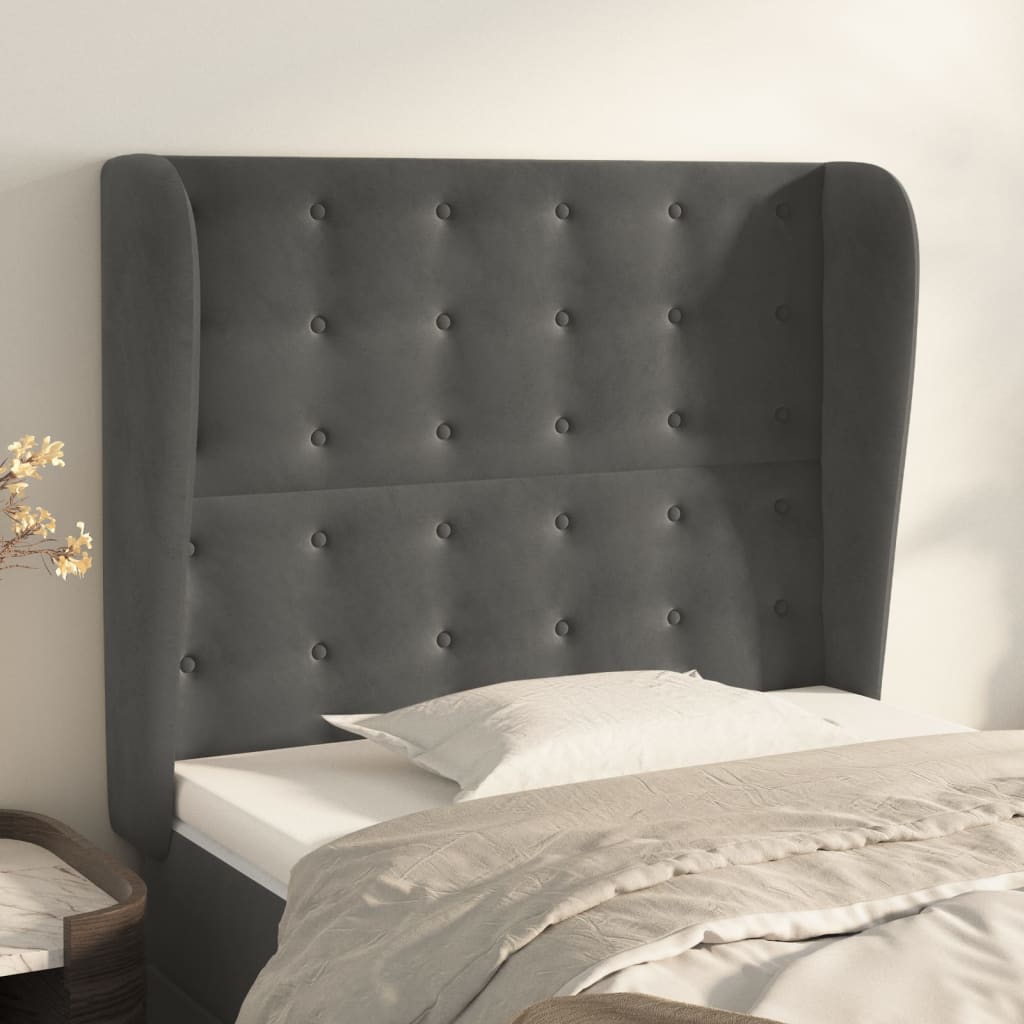 sengegavl med kanter 83x23x118/128 cm fløjl mørkegrå