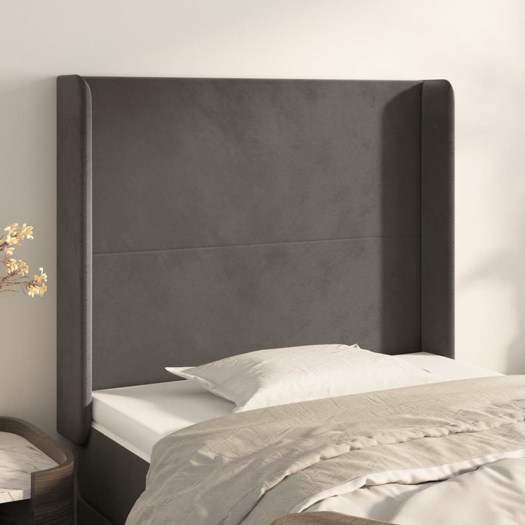 sengegavl med kanter 103x16x118/128 cm fløjl mørkegrå