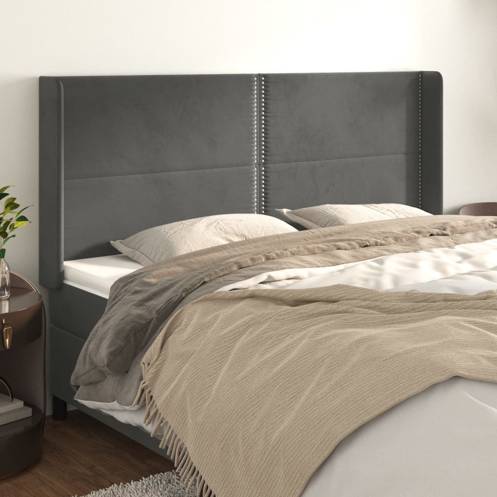 sengegavl med kanter 203x16x118/128 cm fløjl mørkegrå