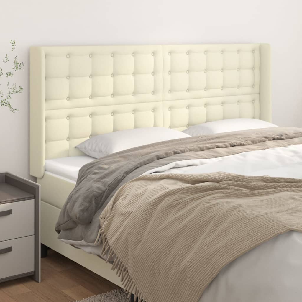 sengegavl med kanter 163x16x118/128 cm kunstlæder cremefarvet
