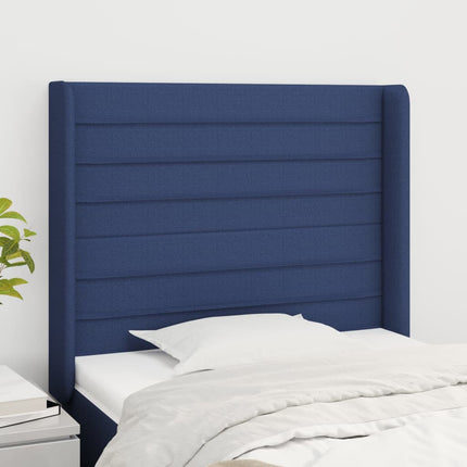 sengegavl med kanter 93x16x118/128 cm stof blå