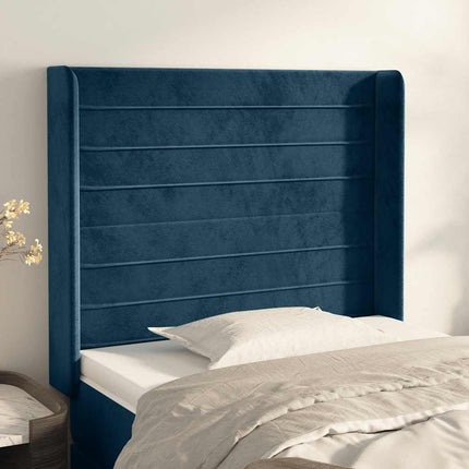 sengegavl med kanter 83x16x118/128 cm fløjl mørkeblå
