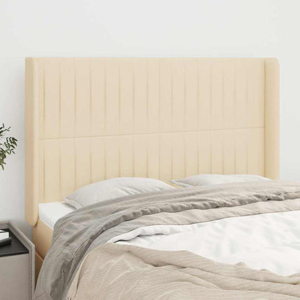 sengegavl med kanter 147x16x118/128 cm stof cremefarvet
