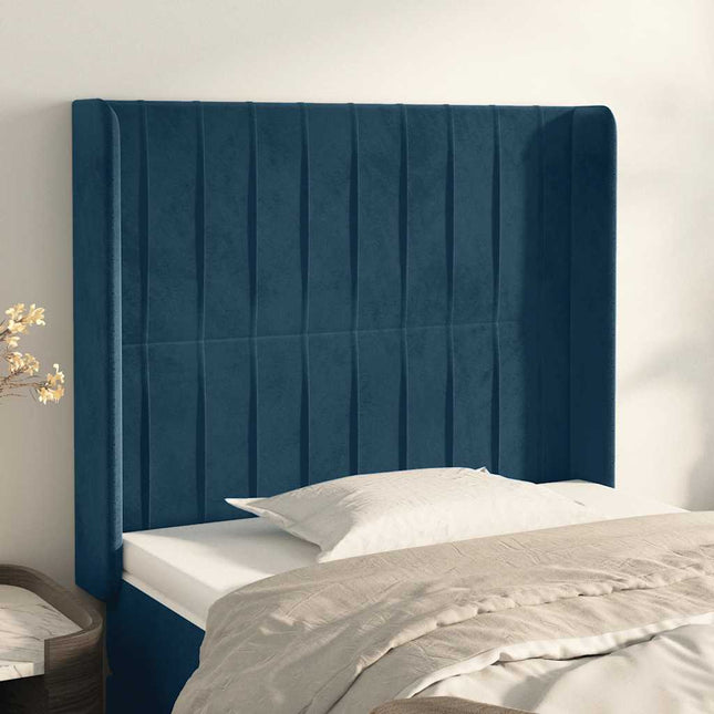 sengegavl med kanter 103x16x118/128 cm fløjl mørkeblå
