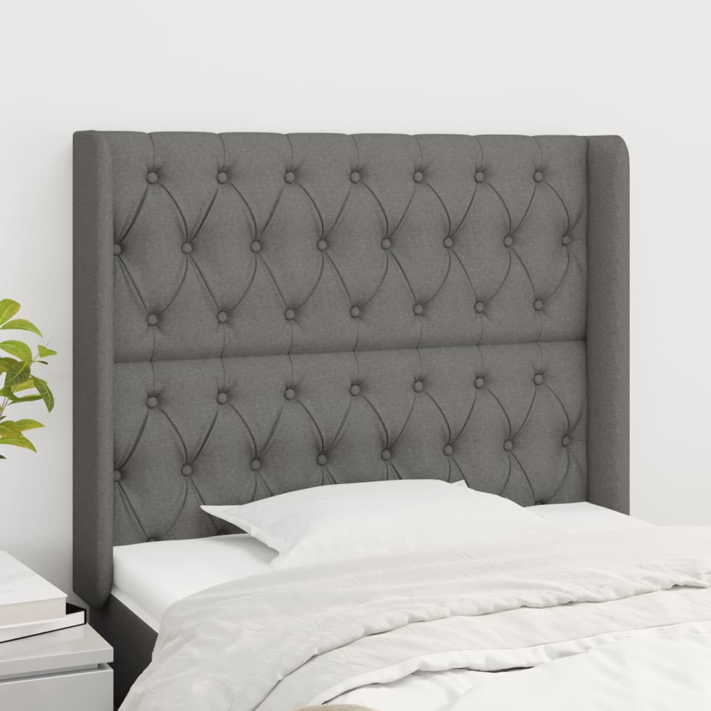 sengegavl med kanter 103x16x118/128 cm stof mørkegrå