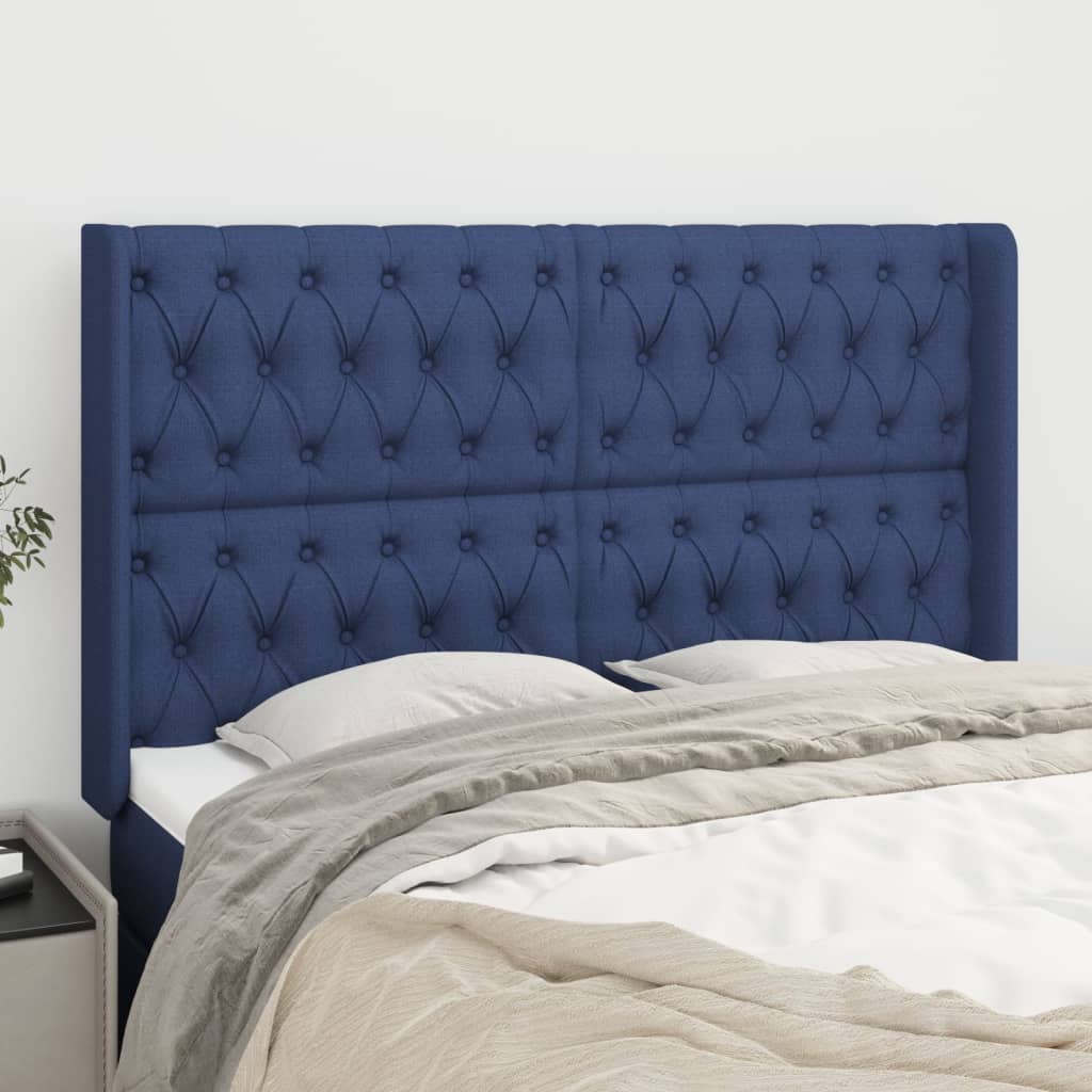 sengegavl med kanter 147x16x118/128 cm stof blå