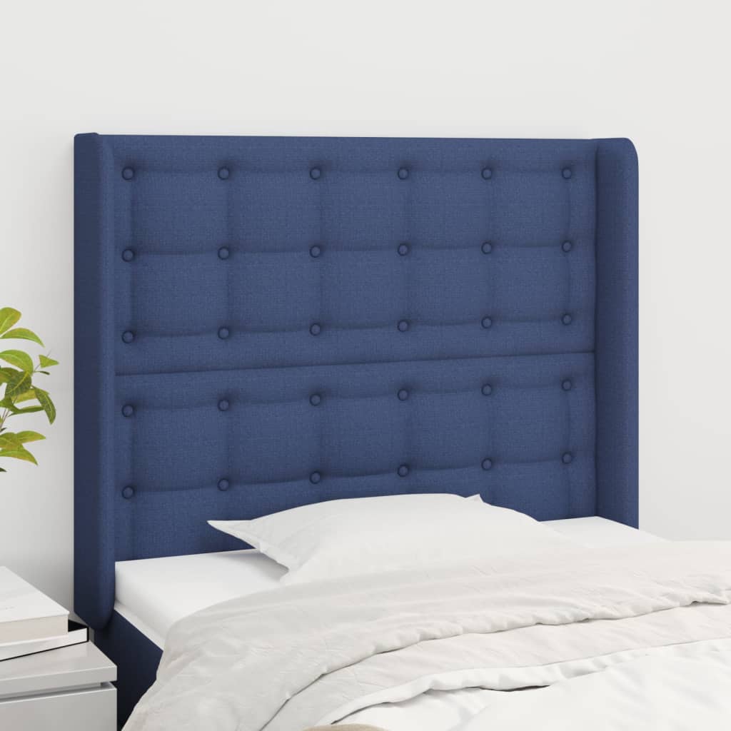 sengegavl med kanter 103x16x118/128 cm stof blå