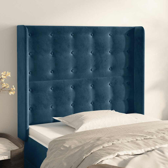 sengegavl med kanter 83x16x118/128 cm fløjl mørkeblå