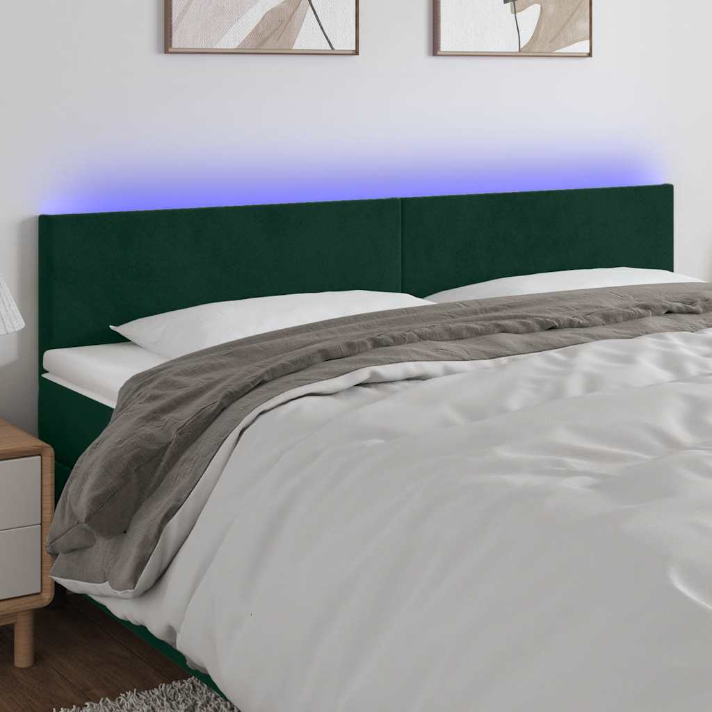 sengegavl med LED-lys 160x5x78/88 cm fløjl mørkegrøn