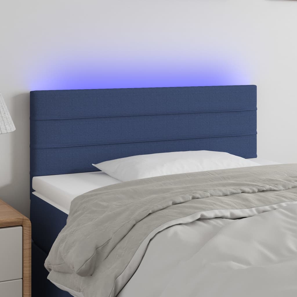 sengegavl med LED-lys 90x5x78/88 cm stof blå