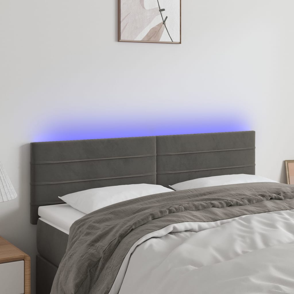 sengegavl med LED-lys 144x5x78/88 cm fløjl mørkegrå