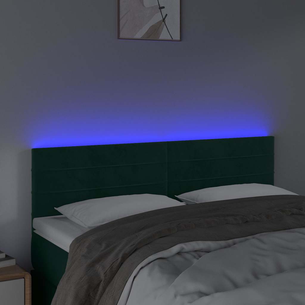 sengegavl med LED-lys 144x5x78/88 cm fløjl mørkegrøn