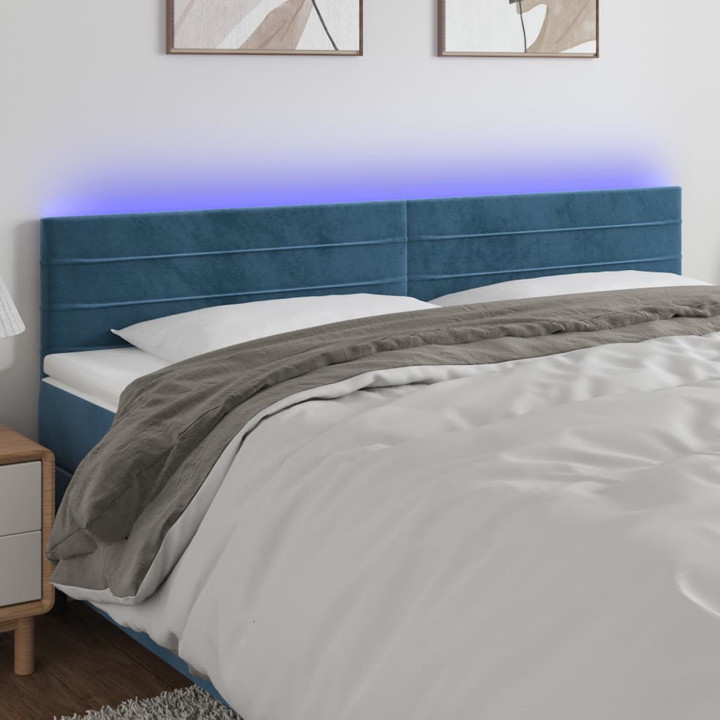 sengegavl med LED-lys 200x5x78/88 cm fløjl mørkeblå