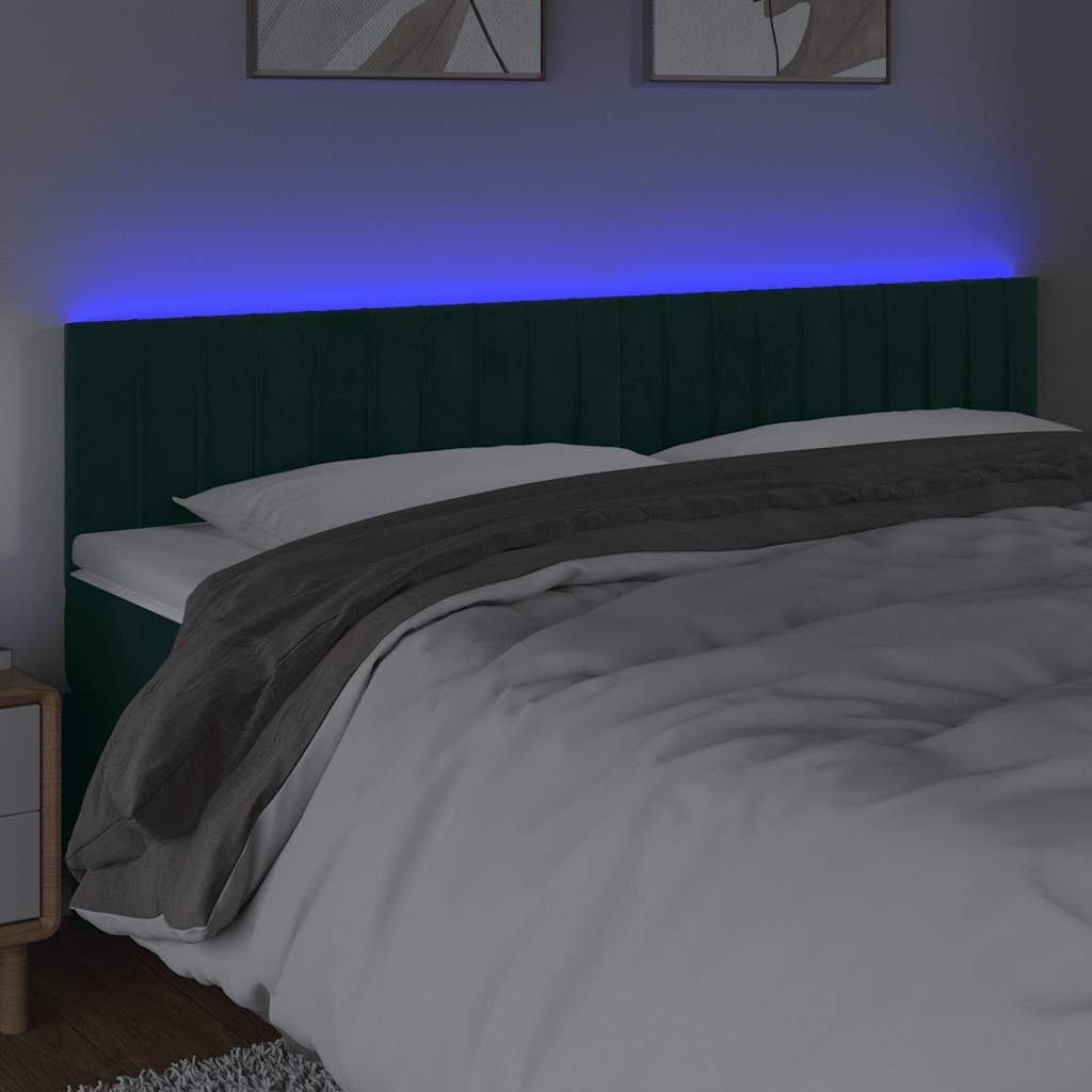sengegavl med LED-lys 200x5x78/88 cm fløjl mørkegrøn