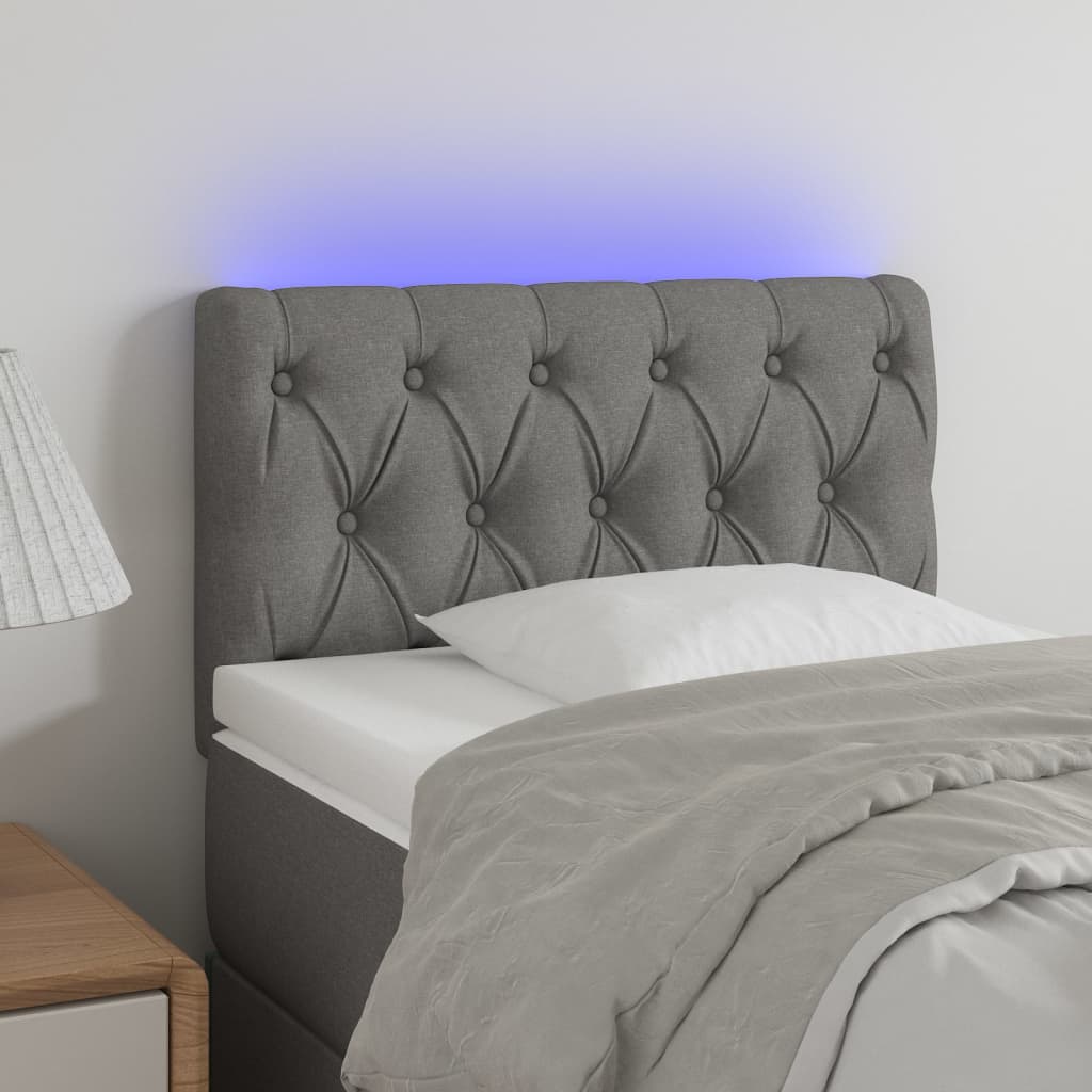 sengegavl med LED-lys 80x7x78/88 cm stof mørkegrå
