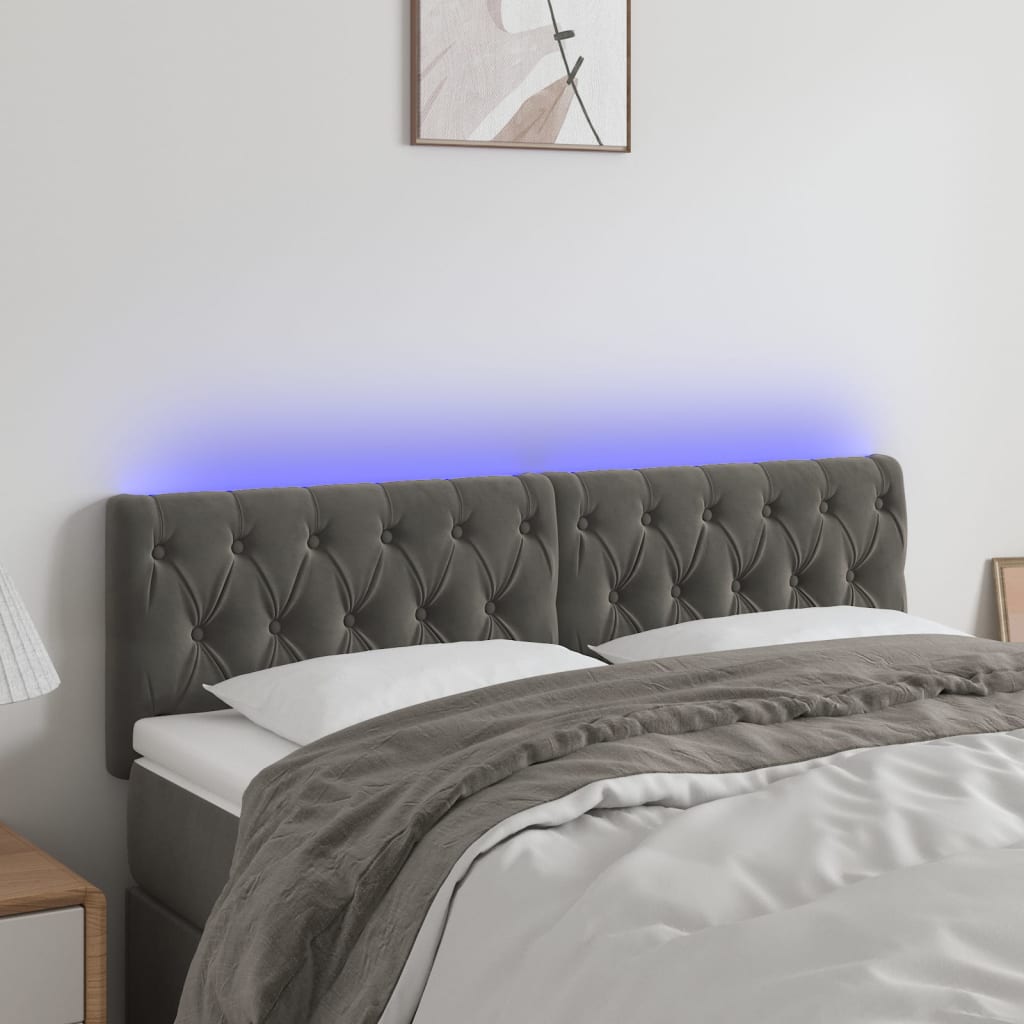 sengegavl med LED-lys 144x7x78/88 cm velour mørkegrå