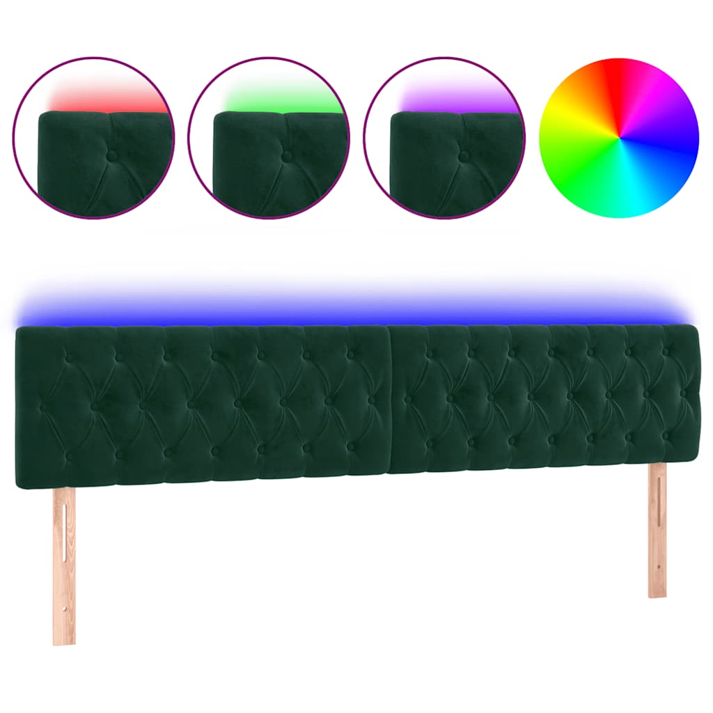 sengegavl med LED-lys 180x7x78/88 cm velour mørkegrøn