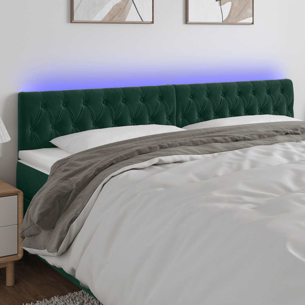 sengegavl med LED-lys 180x7x78/88 cm velour mørkegrøn