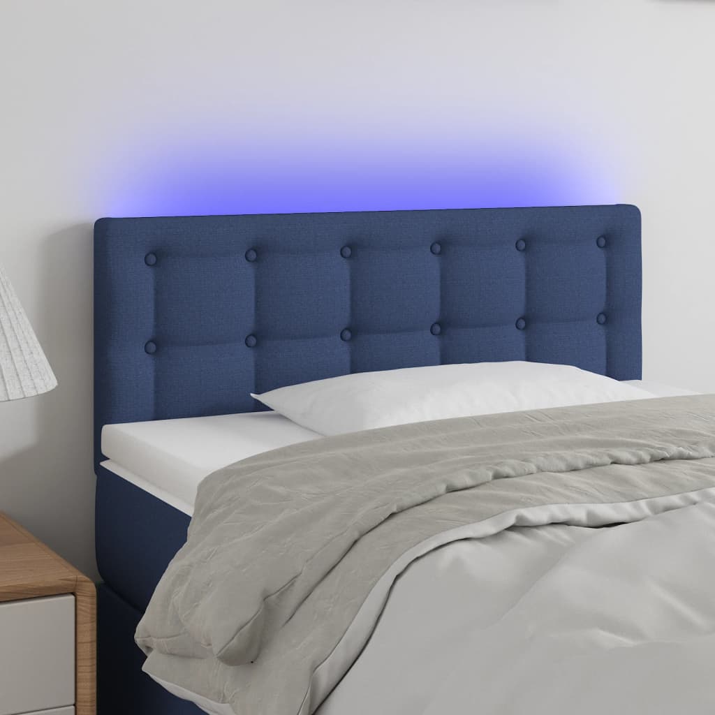 sengegavl med LED-lys 100x5x78/88 cm stof blå