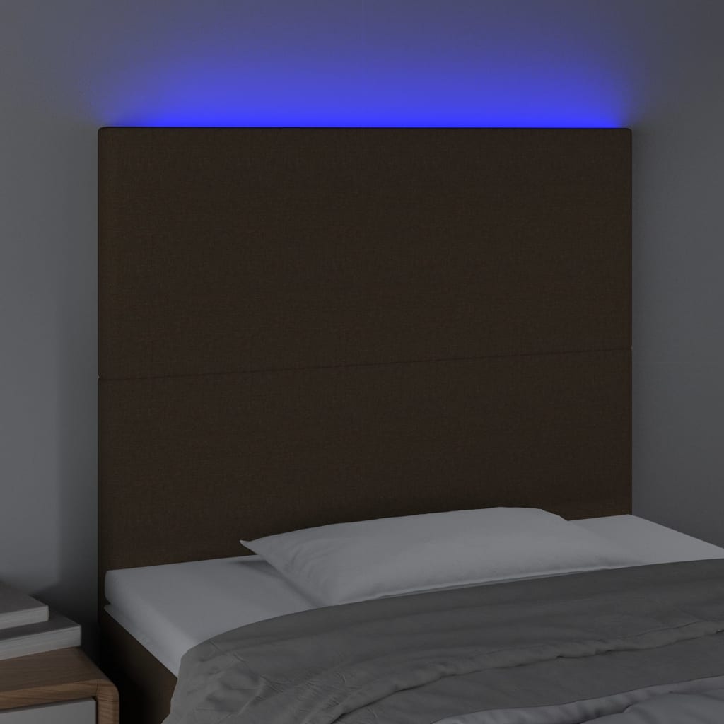 sengegavl med LED-lys 80x5x118/128 cm stof mørkebrun