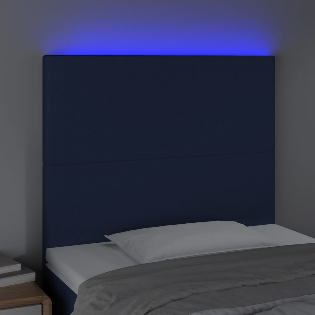 sengegavl med LED-lys 100x5x118/128 cm stof blå