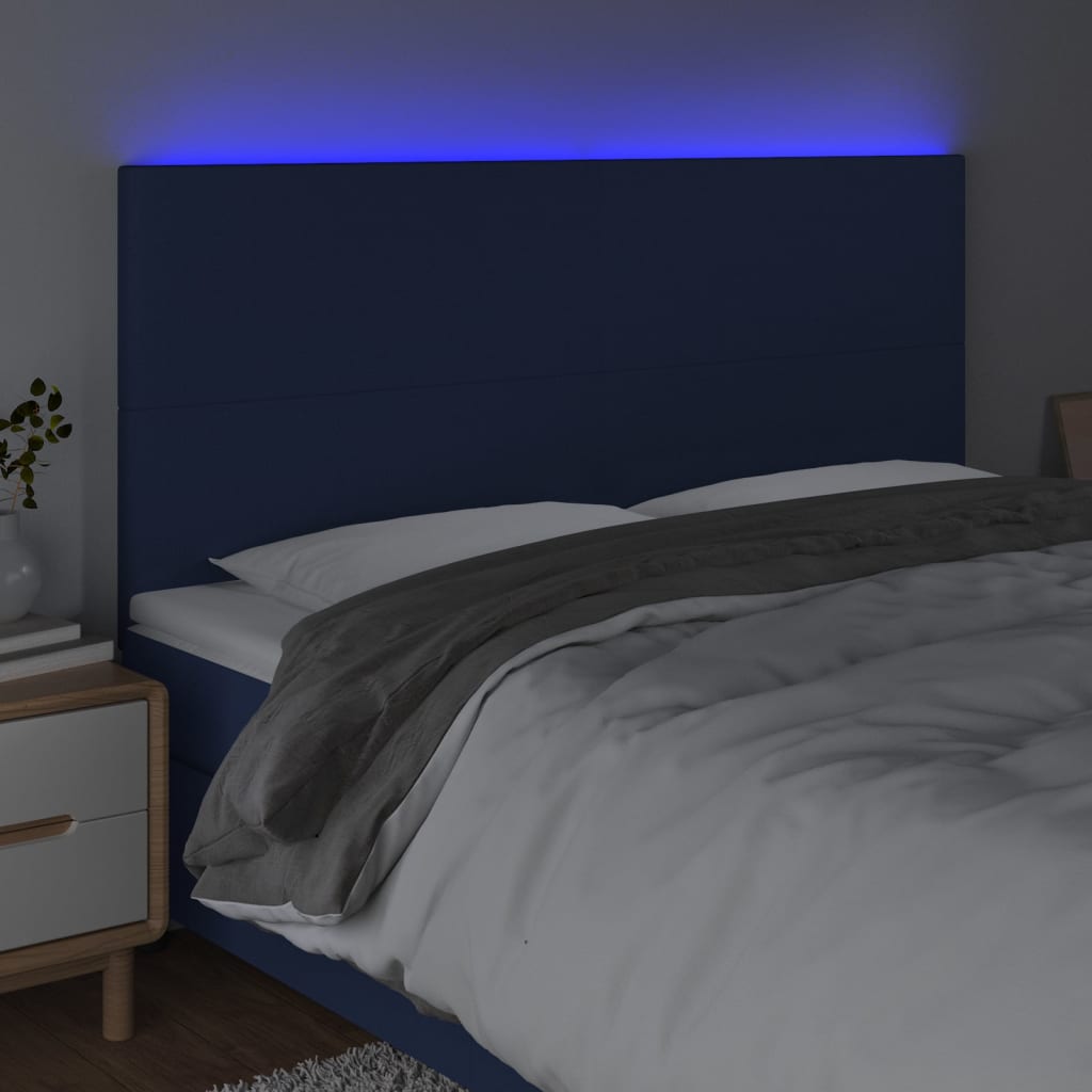 sengegavl med LED-lys 160x5x118/128 cm stof blå