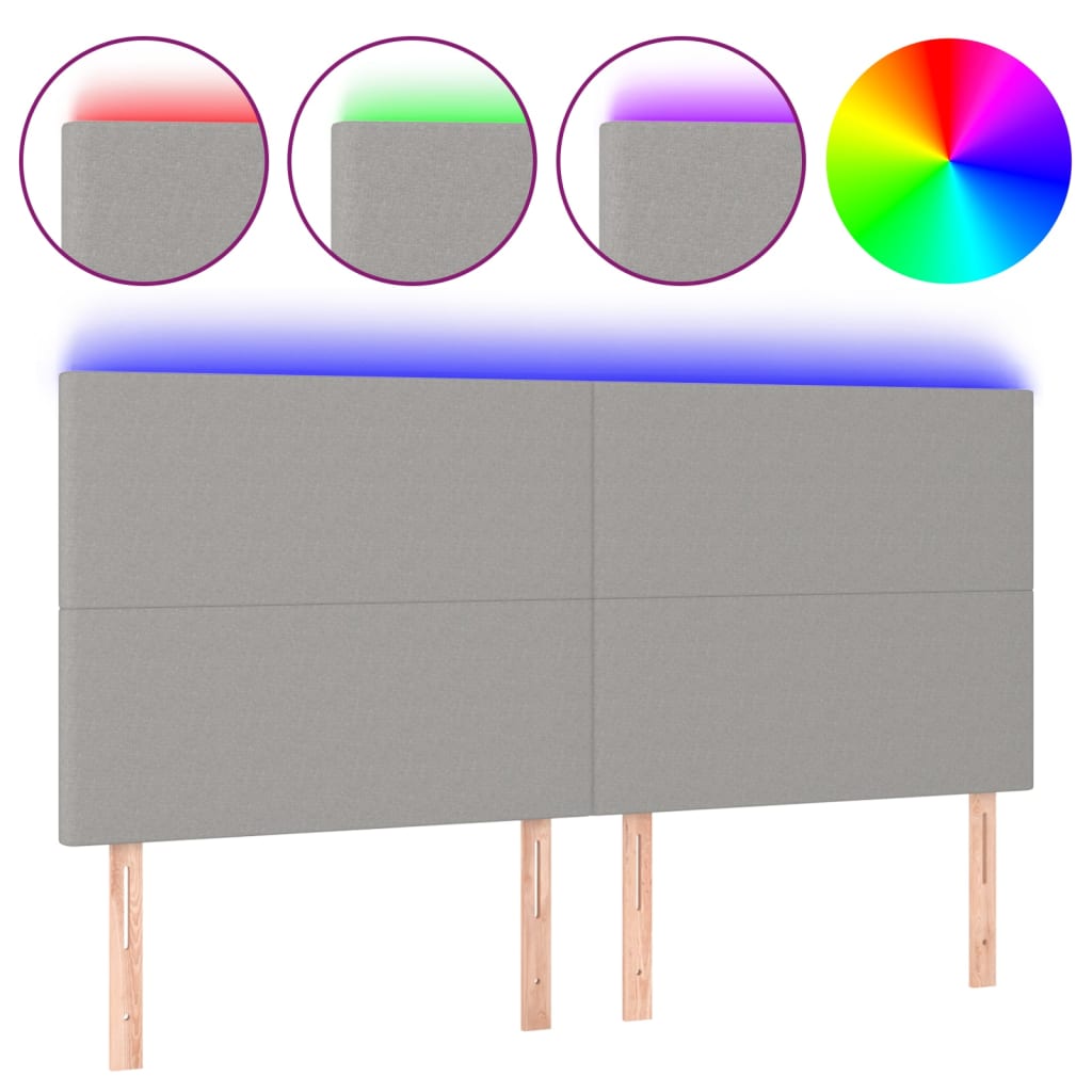 sengegavl med LED-lys 200x5x118/128 cm stof lysegrå