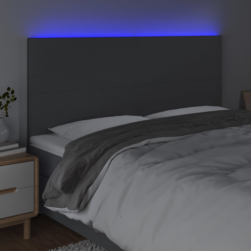 sengegavl med LED-lys 200x5x118/128 cm stof mørkegrå
