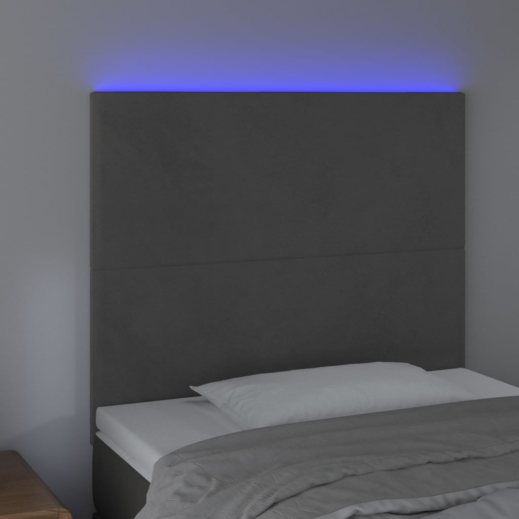 sengegavl med LED-lys 80x5x118/128 cm fløjl mørkegrå