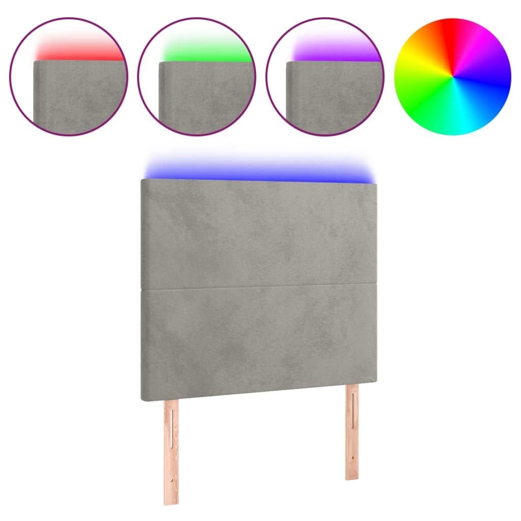 sengegavl med LED-lys 100x5x118/128 cm fløjl lysegrå