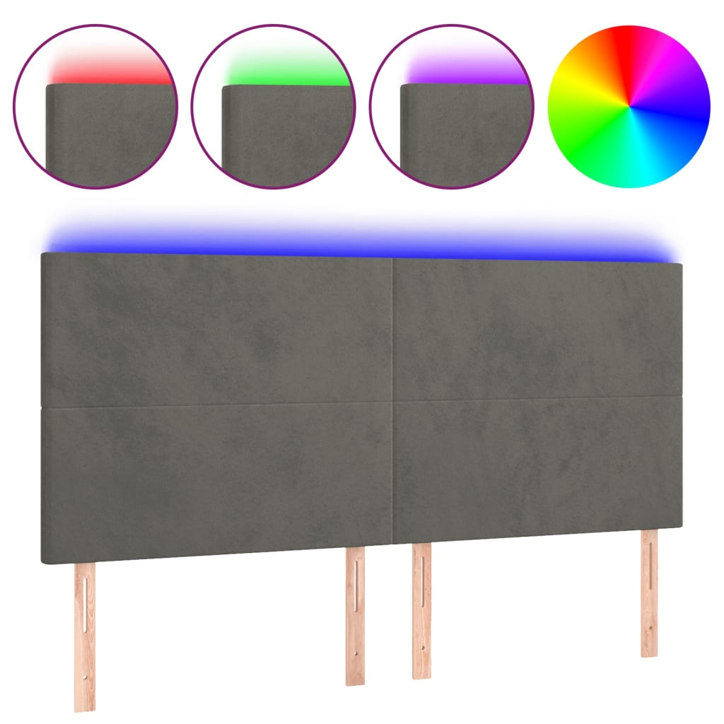 sengegavl med LED-lys 180x5x118/128 cm fløjl mørkegrå