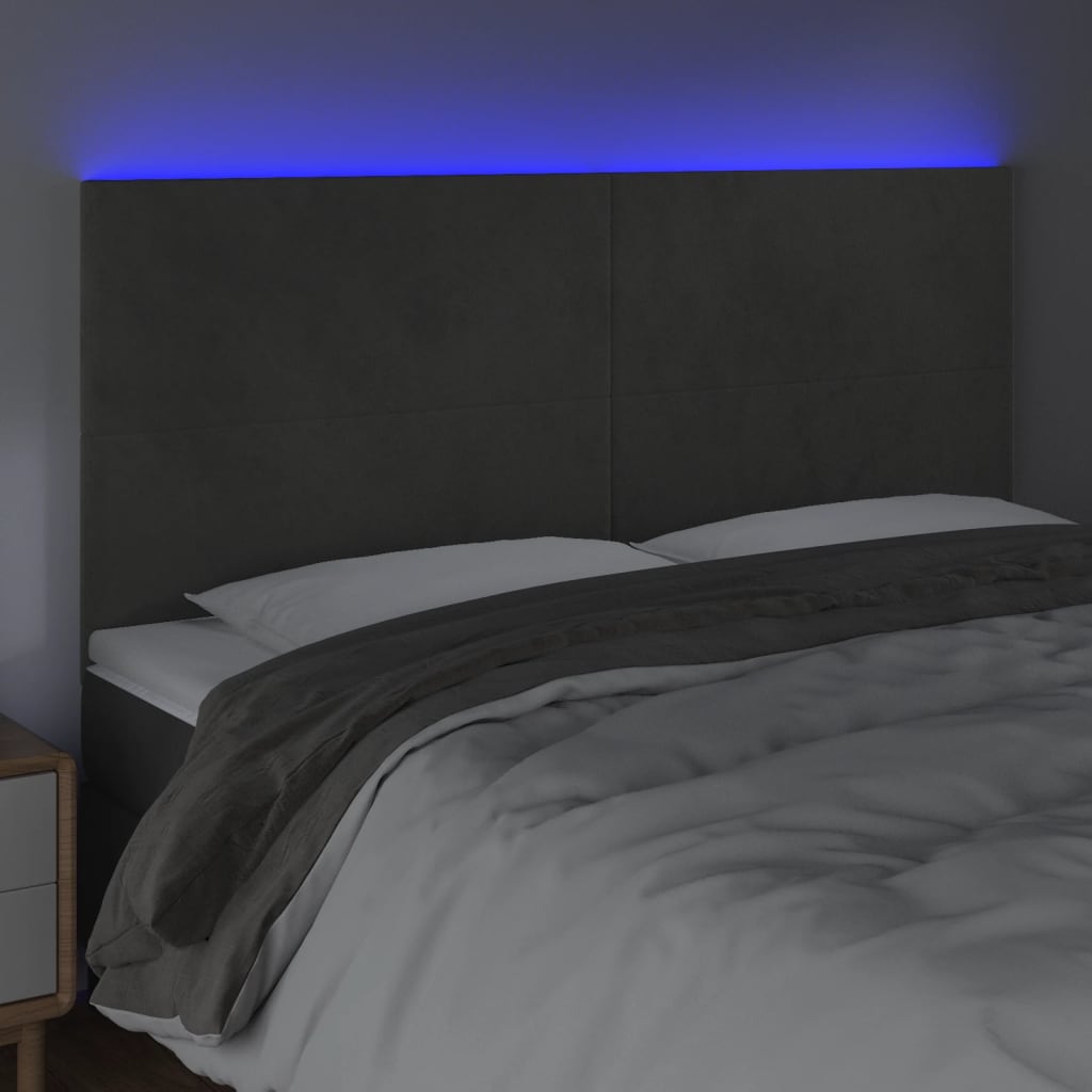 sengegavl med LED-lys 180x5x118/128 cm fløjl mørkegrå