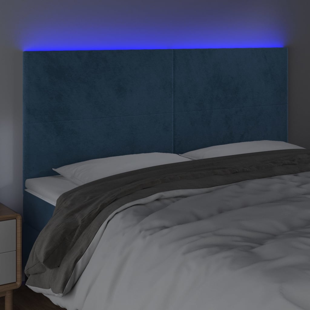 sengegavl med LED-lys 180x5x118/128 cm fløjl mørkeblå