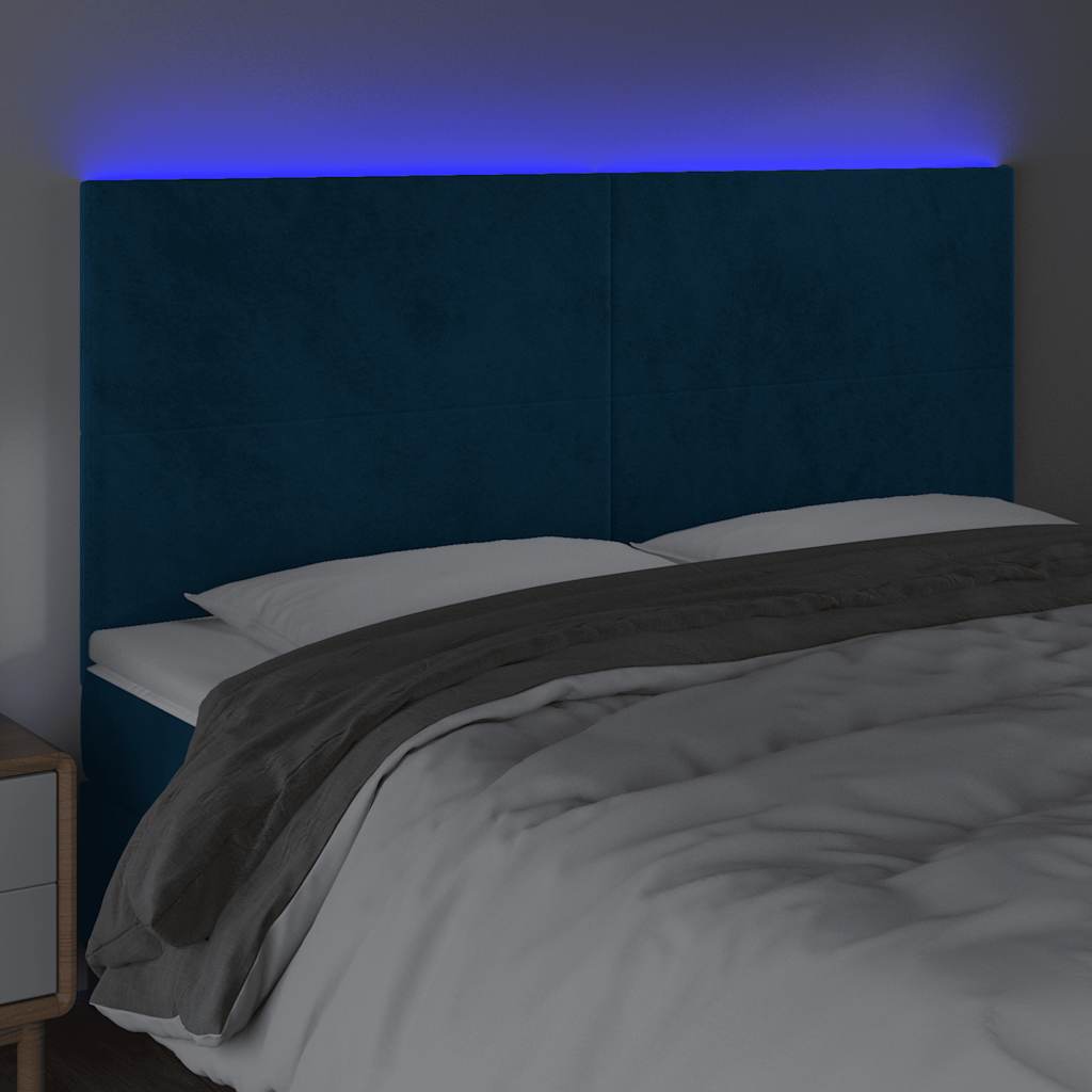 sengegavl med LED-lys 200x5x118/128 cm fløjl mørkeblå