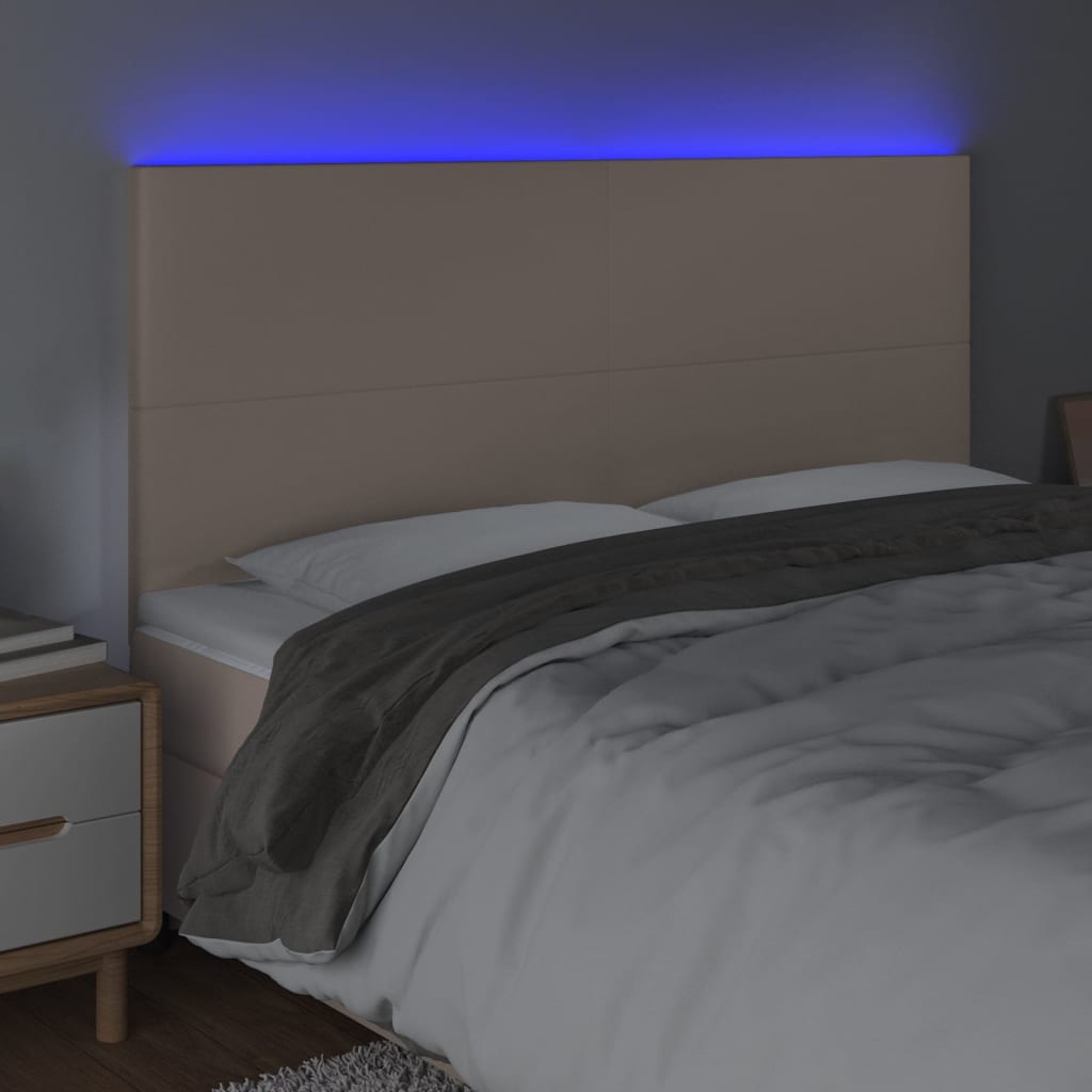 sengegavl med LED-lys 180x5x118/128 cm kunstlæder cappuccino