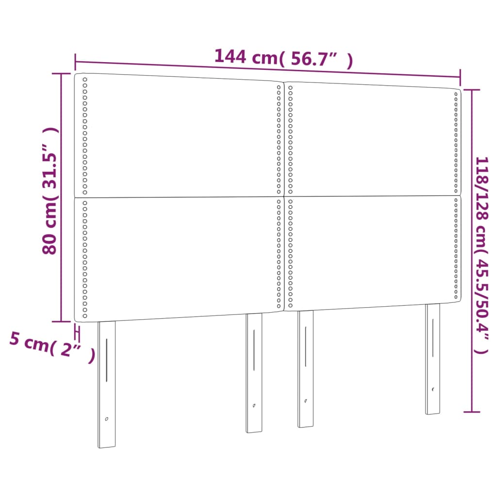 sengegavl med LED-lys 144x5x118/128 cm stof lysegrå