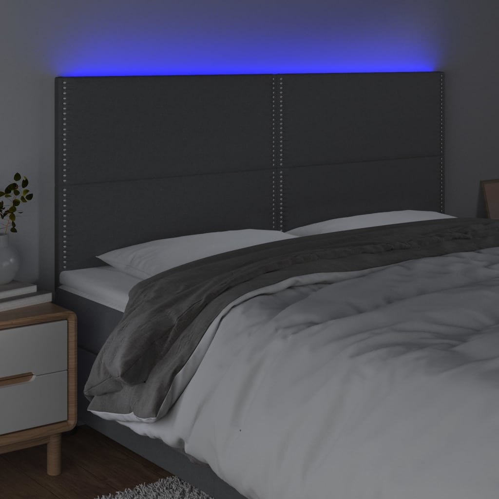 sengegavl med LED-lys 180x5x118/128 cm stof mørkegrå
