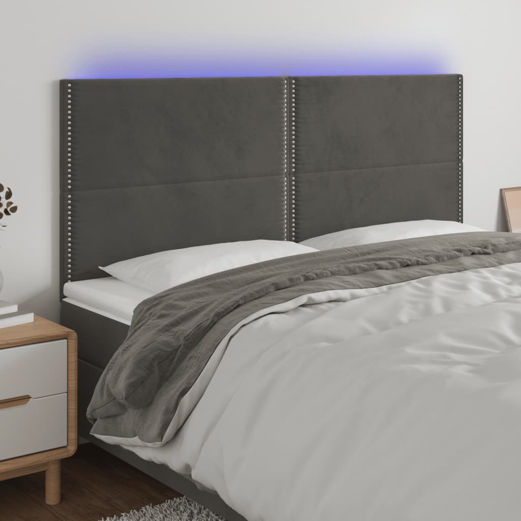 sengegavl med LED-lys 160x5x118/128 cm fløjl mørkegrå
