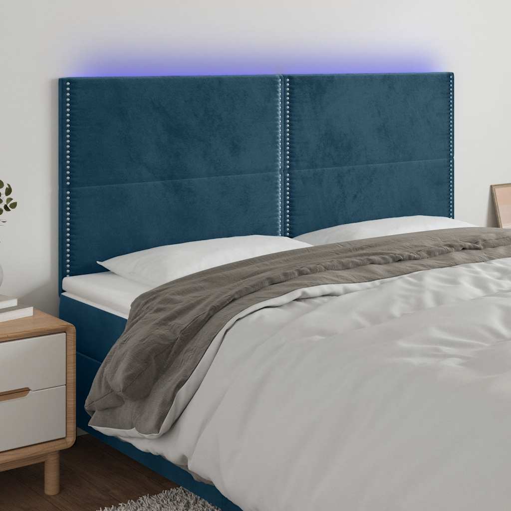 sengegavl med LED-lys 160x5x118/128 cm fløjl mørkeblå