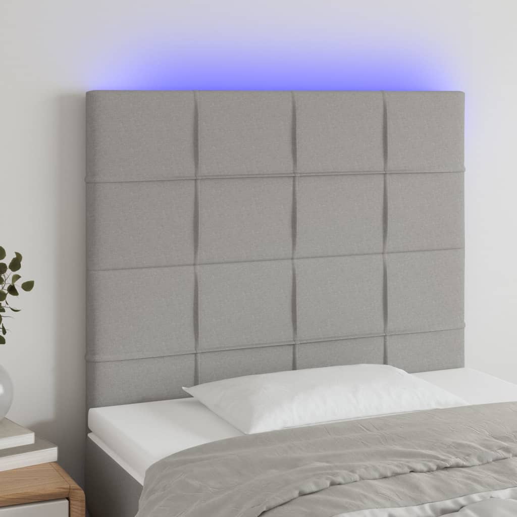 sengegavl med LED-lys 80x5x118/128 cm stof lysegrå