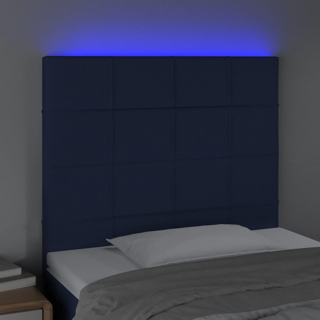sengegavl med LED-lys 100x5x118/128 cm stof blå