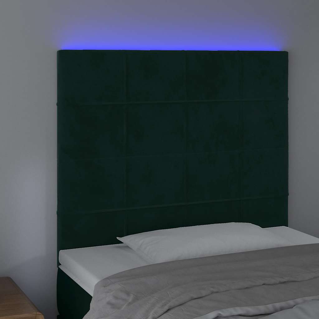 sengegavl med LED-lys 80x5x118/128 cm fløjl mørkegrøn
